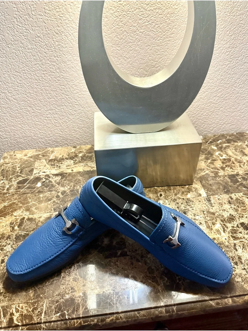 Salvatore Ferragamo Dark Blue Pebbled Leather Bit Slip-Ons